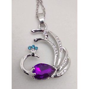 Rhinestone 1.5" Peacock Necklace Purple Stone Pendant 18" Chain